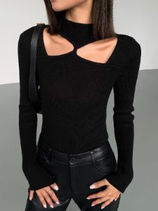 Knit Cut Out Mock Neck Ribbed Top sold by COMMENSE