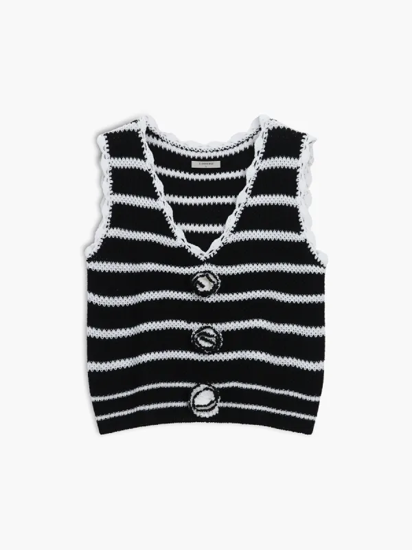 Black and White Striped Button Sweater Vest sold by COMMENSE