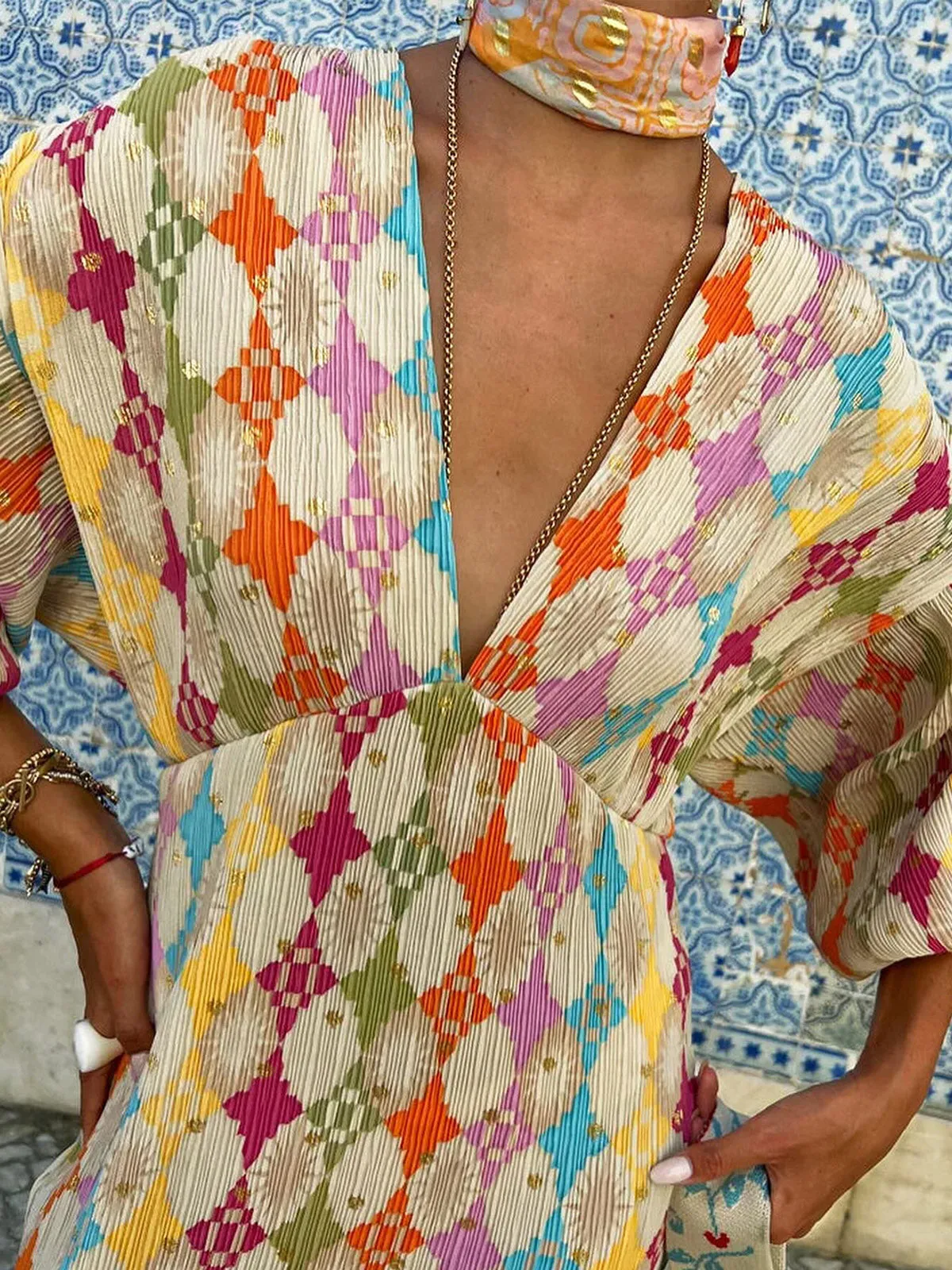 Jacquard Print V-Neck Dress sold by COMMENSE product image thumbnail 4
