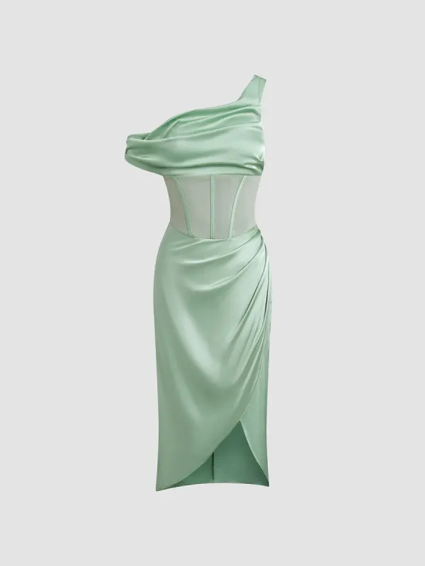 Asymmetrical Shoulder Satin Corset Long Dress sold by COMMENSE