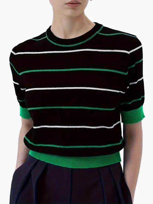 Crew Neck Striped Knit Top sold by COMMENSE