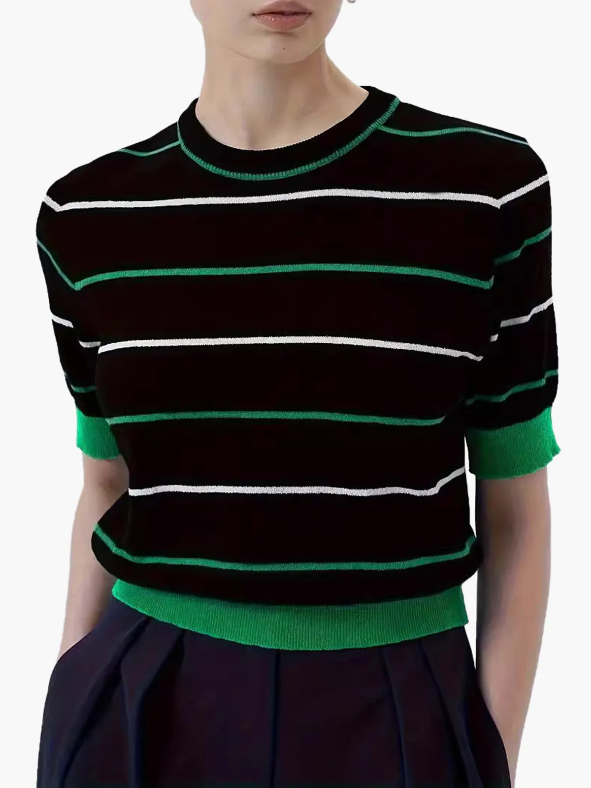 Crew Neck Striped Knit Top sold by COMMENSE