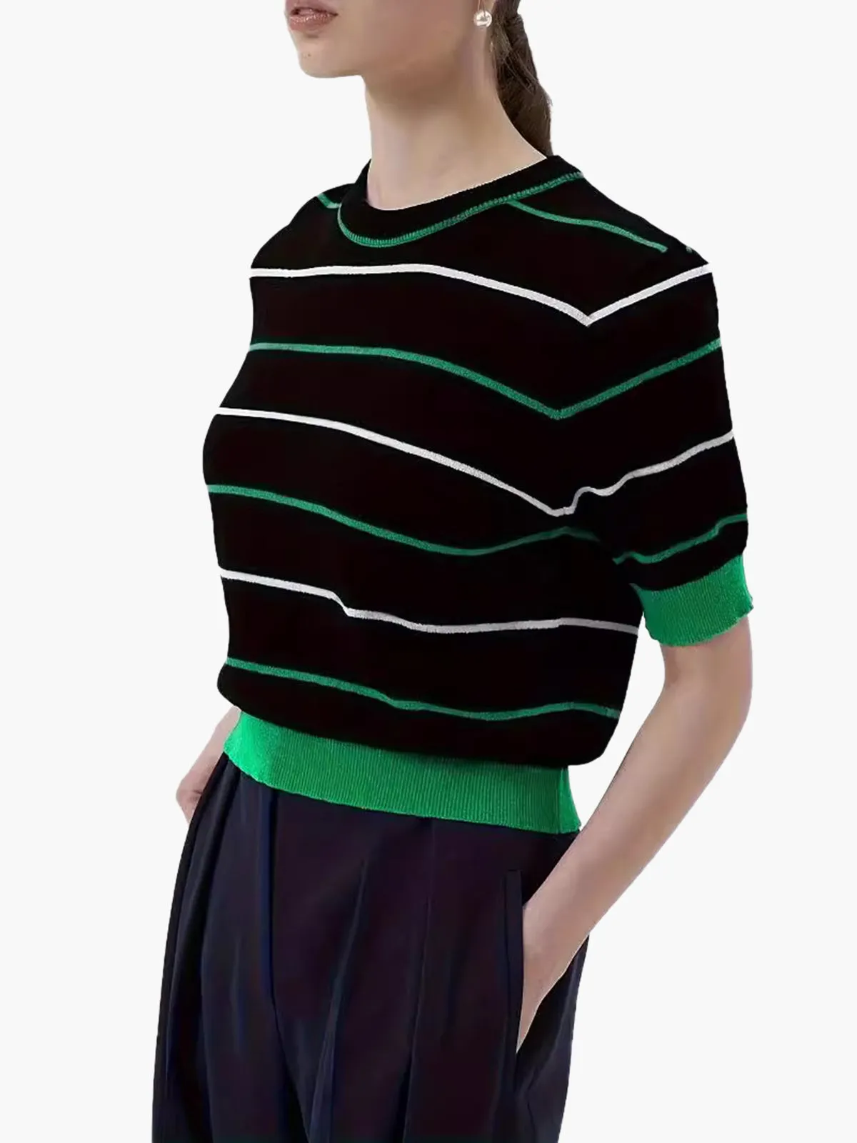 Crew Neck Striped Knit Top sold by COMMENSE product image thumbnail 2