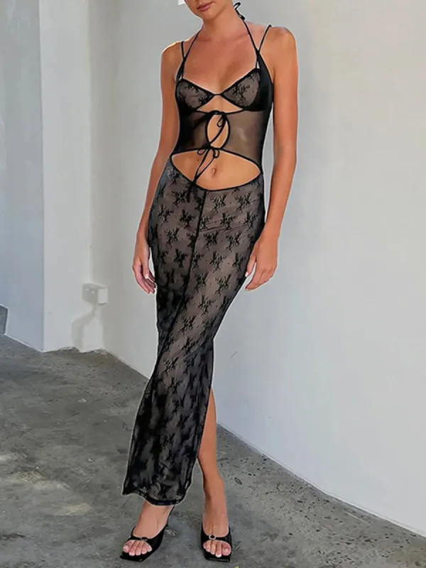 Jacquard Lace Floral Mesh Cutout Long Dress sold by COMMENSE