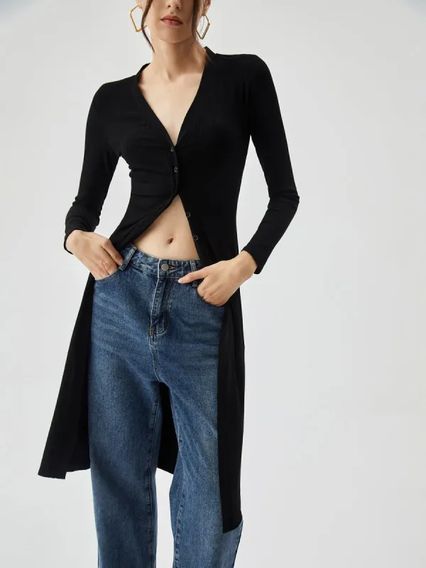 V-neck Button Ribbed Knit Long Shirt sold by COMMENSE