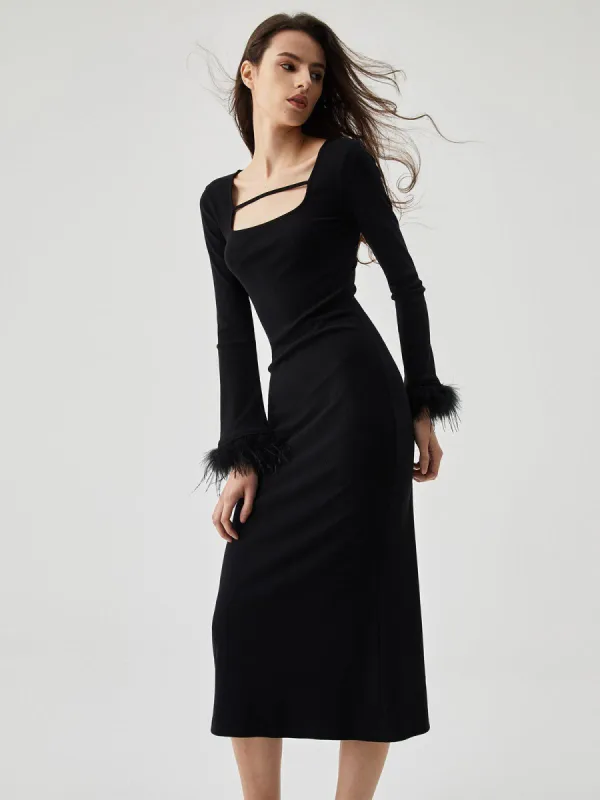 Ribbed Knit Square Neck Feather Cuff Midi Dress sold by COMMENSE