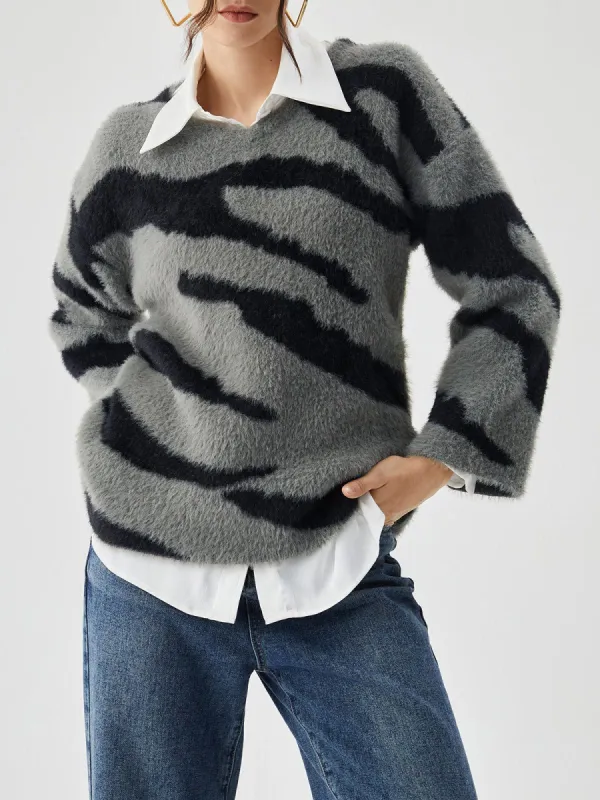 Wavy Print Fuzzy Sweater sold by COMMENSE