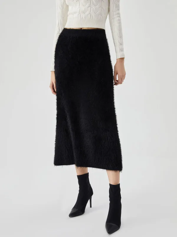 Solid Fuzzy Knit Mini Skirt sold by COMMENSE