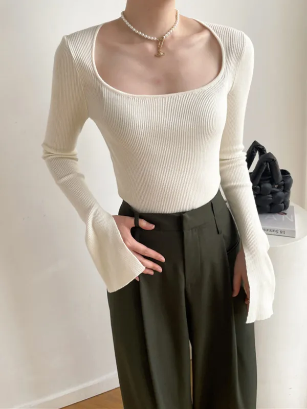 Cream Flare Long Sleeve Knit Top sold by COMMENSE