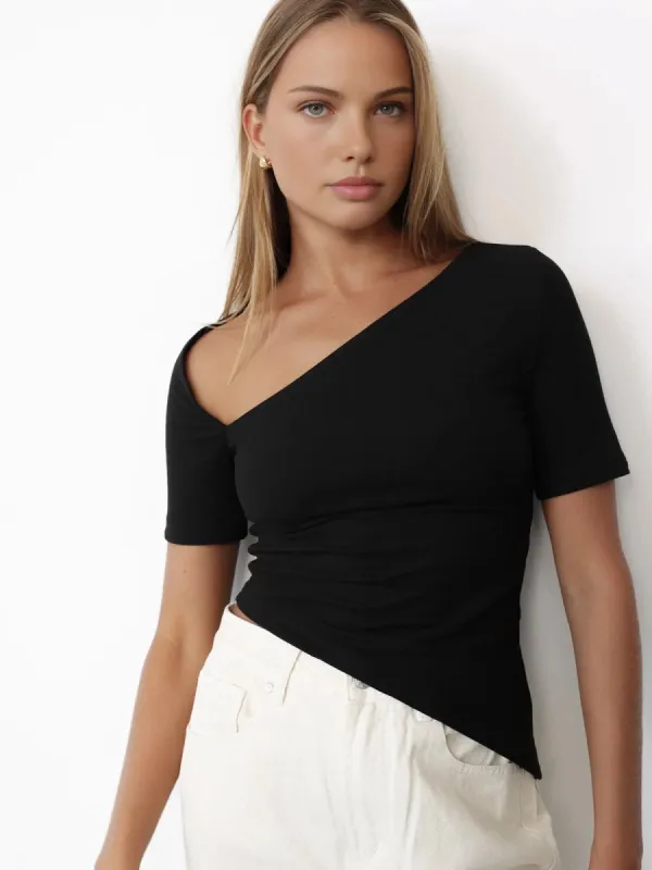 Basic Asymmetrical Neck Top sold by COMMENSE
