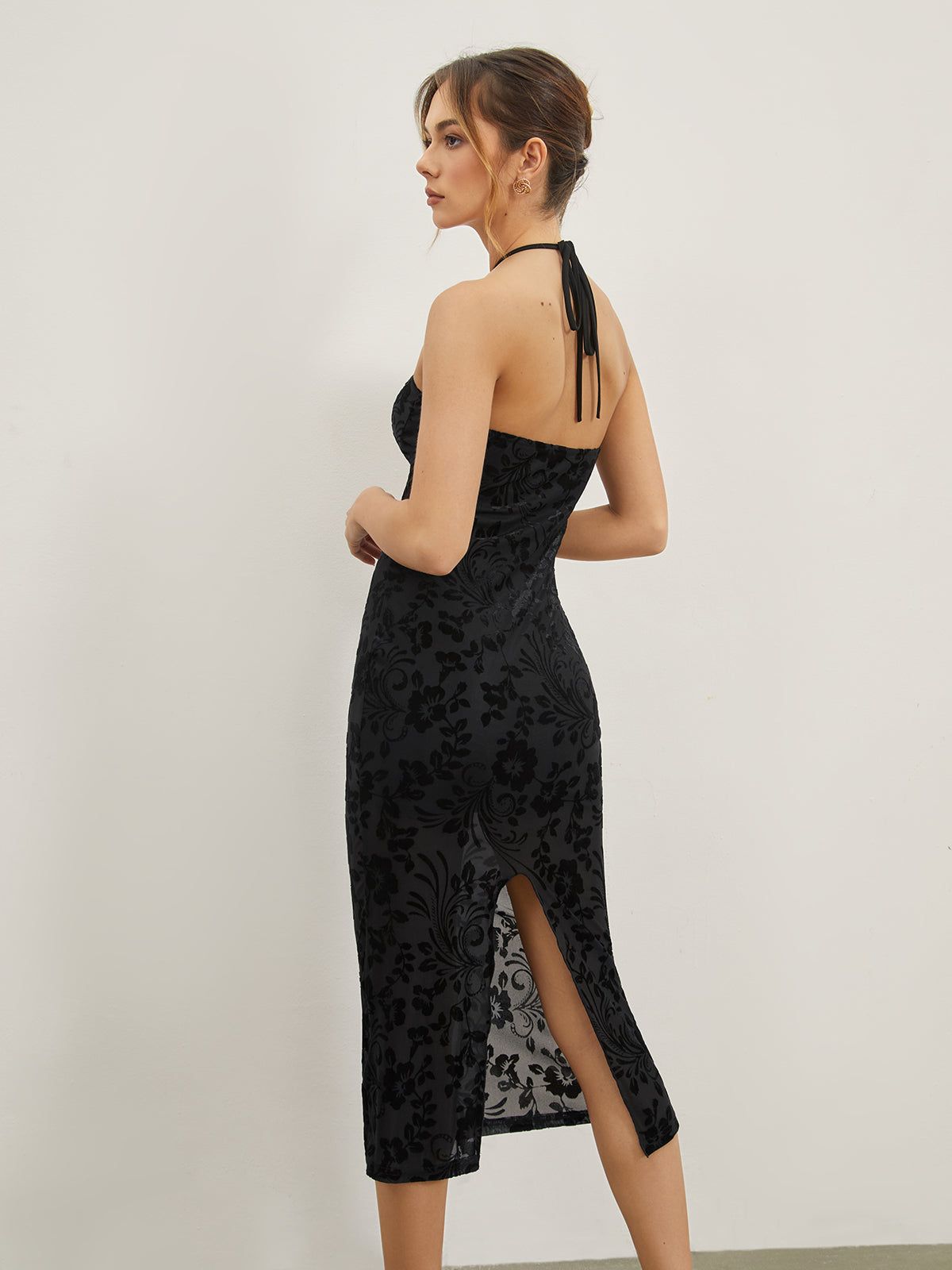 Dark Mesh Floral Halter Open Back Slit Long Dress sold by COMMENSE product image thumbnail 2