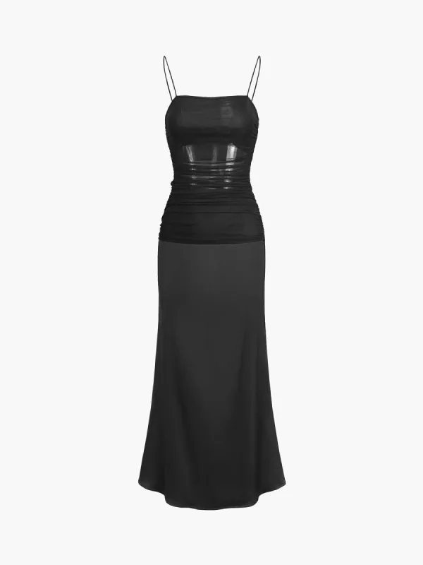 Patchwork Mesh Slit Long Dress sold by COMMENSE