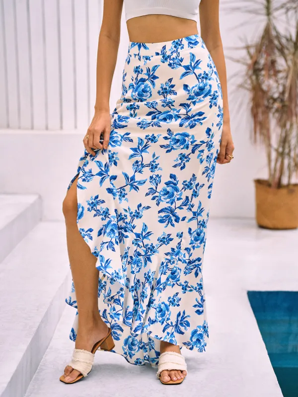 Floral Print Ruffle Trim Split Maxi Skirt sold by COMMENSE