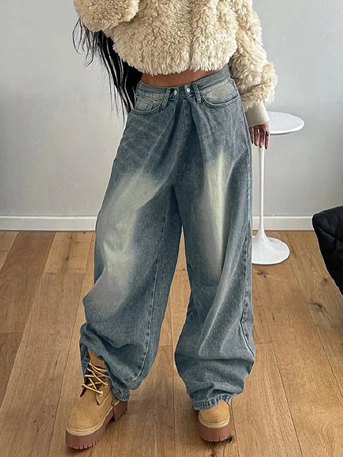 Washed Denim Wide Leg Jeans sold by COMMENSE product image thumbnail 4