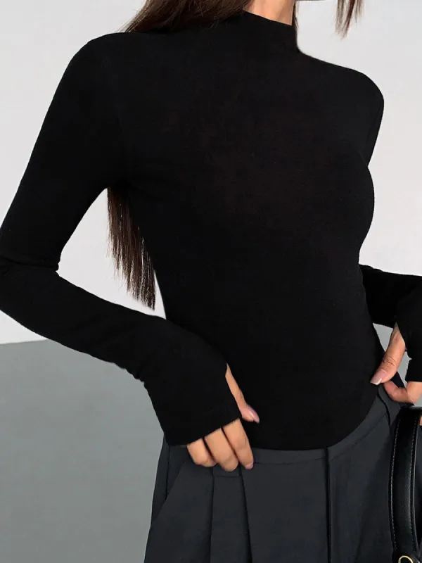 Long Sleeve Mock Neck Solid Crop Top sold by COMMENSE