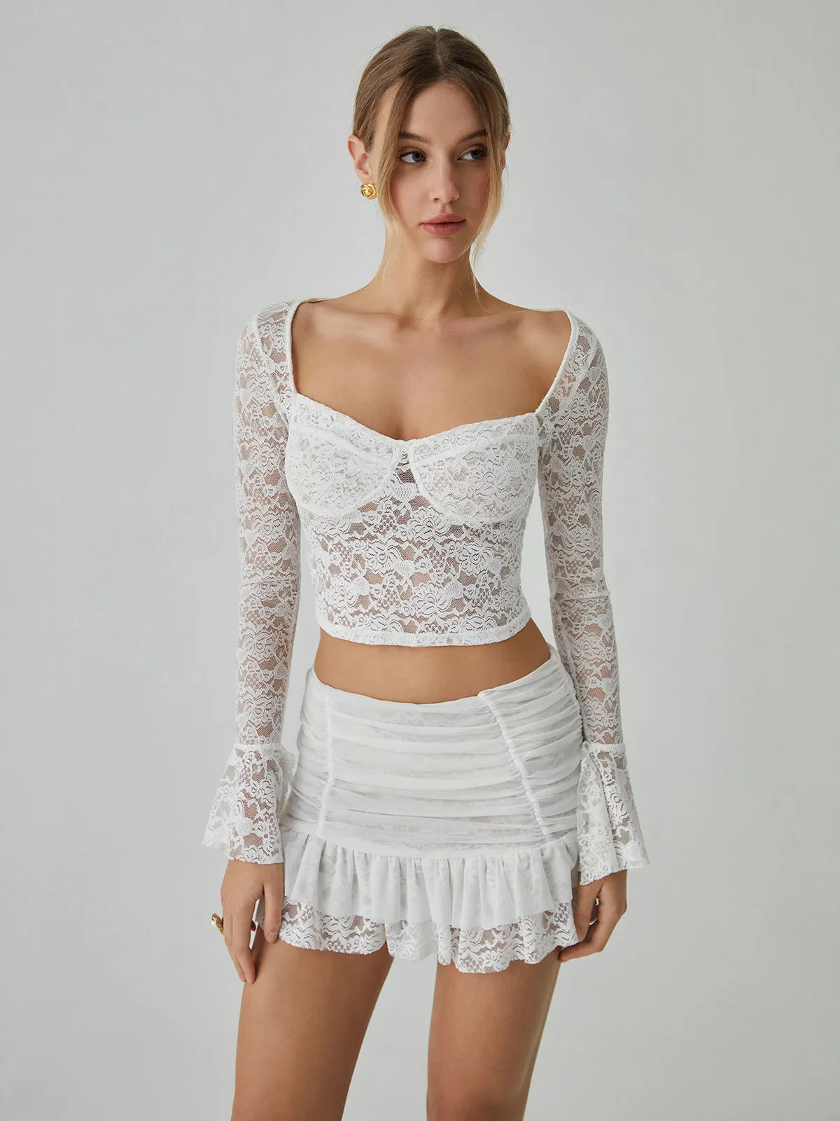 Lace Long Sleeve Top With Pleated Mini Skirt Set sold by COMMENSE