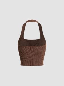 Contour Piping Halter Open Back Crop Tank Top sold by COMMENSE