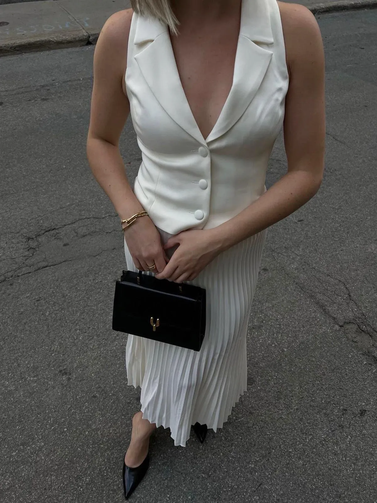 Tailored Waistcoat With Solid Pleated Skirt Set sold by COMMENSE