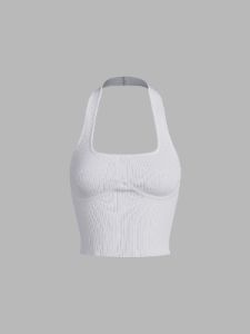 Contour Piping Halter Open Back Crop Tank Top sold by COMMENSE