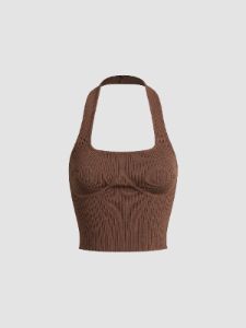 Contour Piping Halter Open Back Crop Tank Top sold by COMMENSE