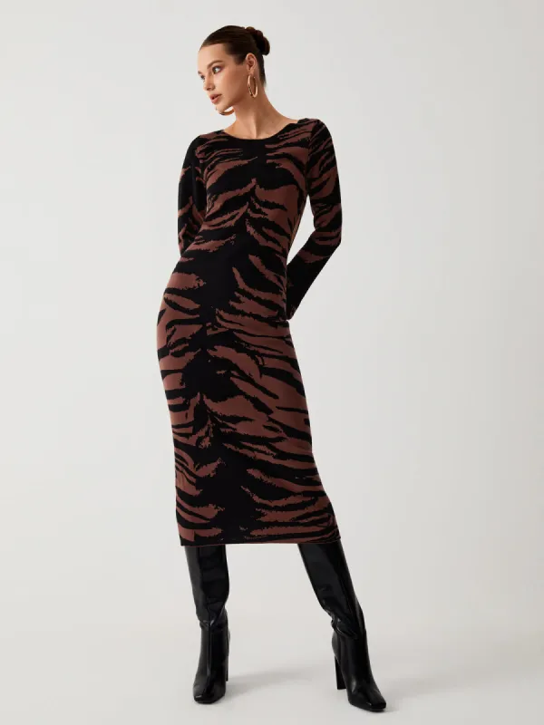Tiger Print Cutout Long Sleeve Midi Sweater Dress made by COMMENSE