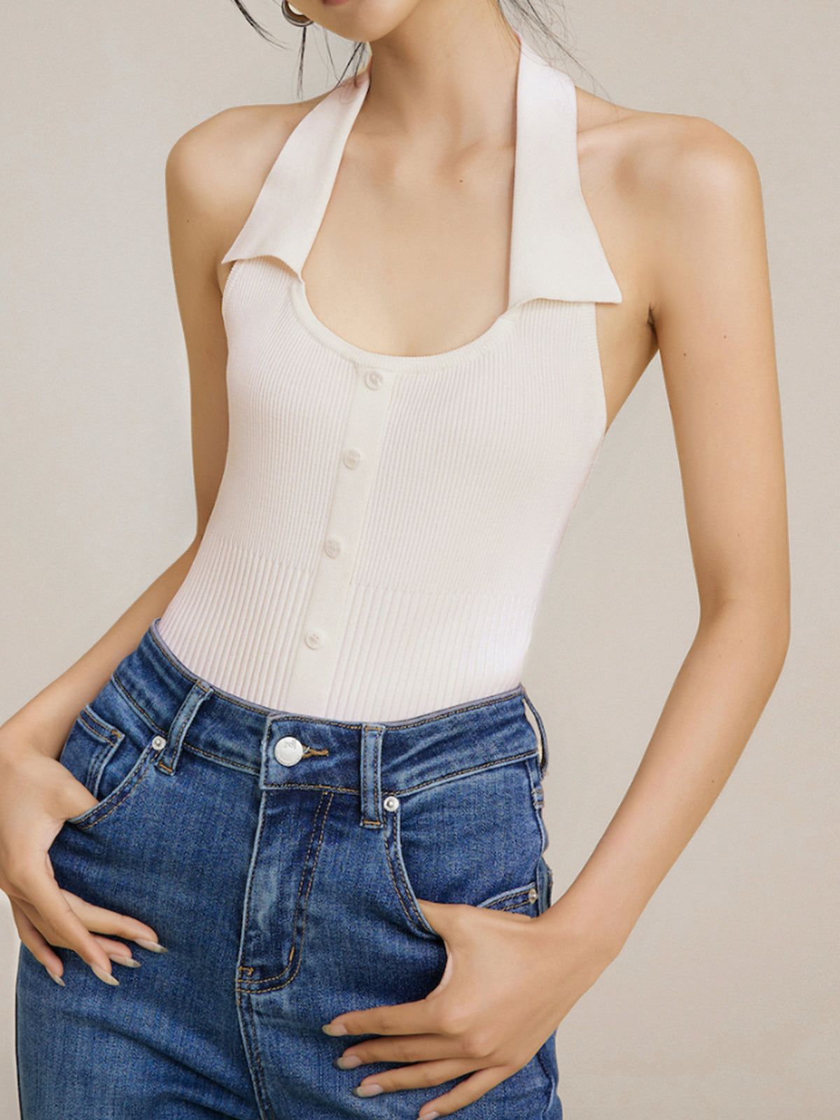 Textured Halter Open Back Bodysuit sold by COMMENSE