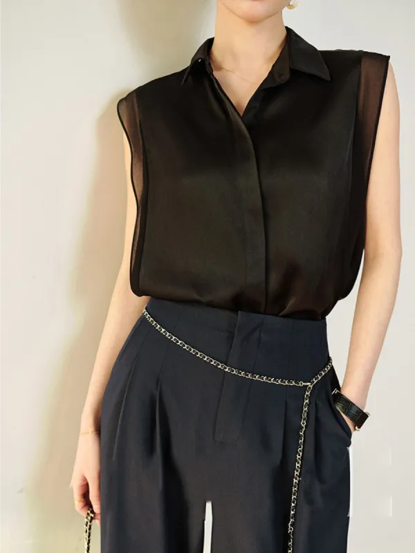 Patchwork Mesh Collar Button-down Sleeveless Shirt sold by COMMENSE