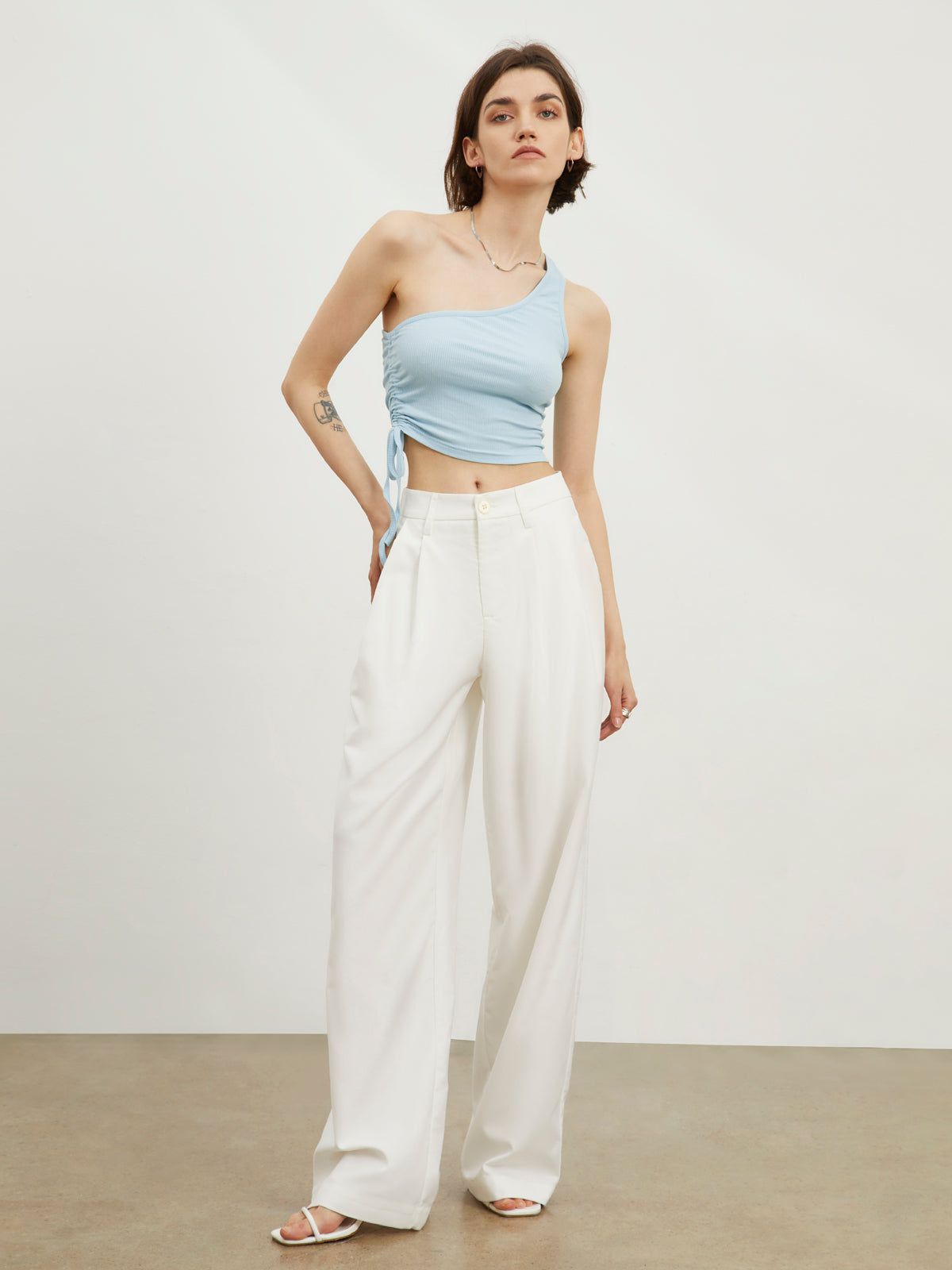 Drawstring One Strap Rib Crop Top sold by COMMENSE product image thumbnail 5
