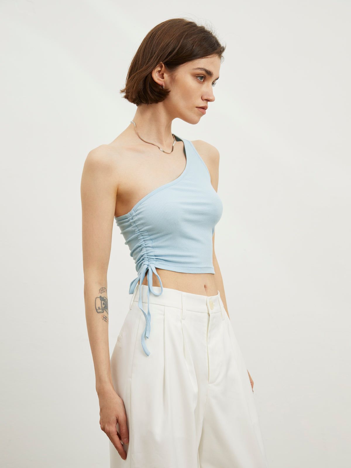 Drawstring One Strap Rib Crop Top sold by COMMENSE product image thumbnail 3