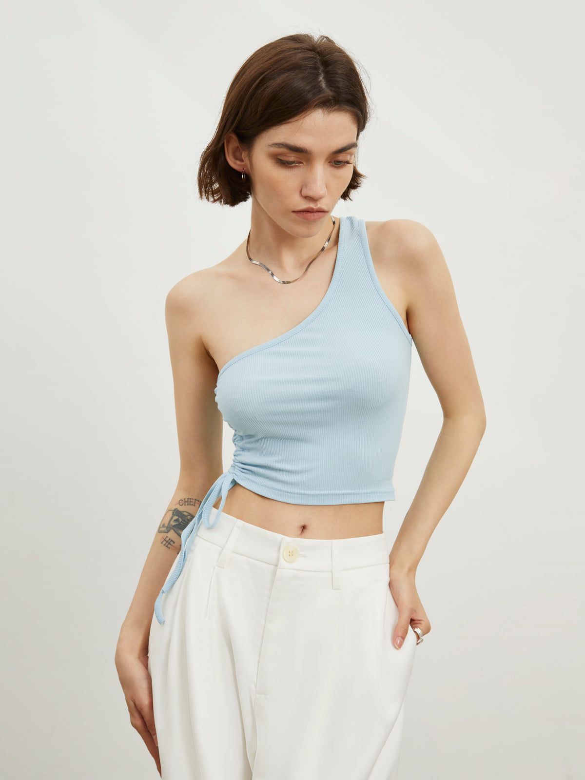 Drawstring One Strap Rib Crop Top sold by COMMENSE product image thumbnail 4