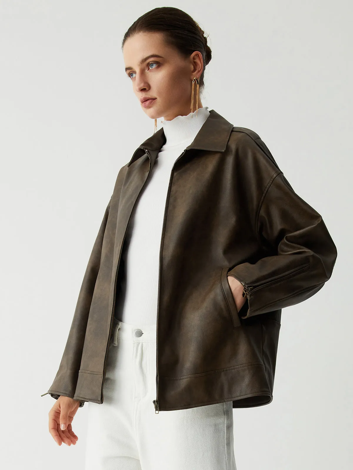 Distressed Leather Double Pockets Jacket sold by COMMENSE product image thumbnail 3