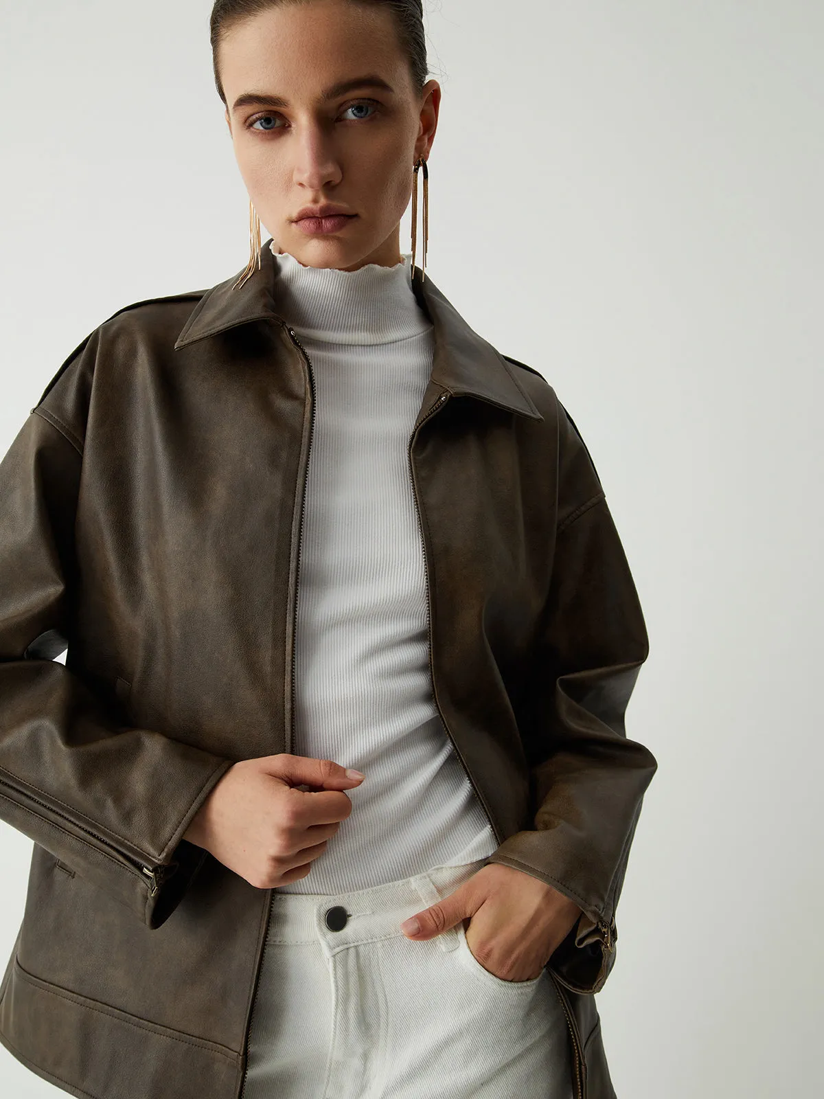 Distressed Leather Double Pockets Jacket sold by COMMENSE product image thumbnail 4