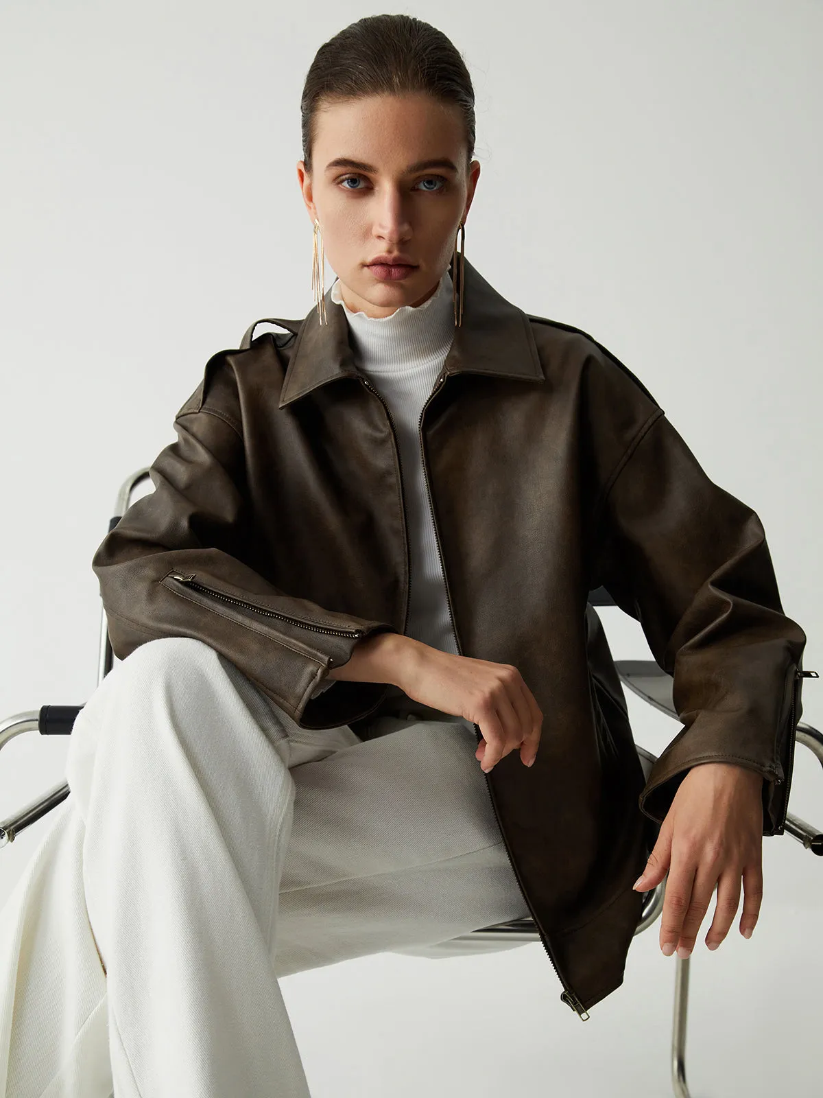 Distressed Leather Double Pockets Jacket sold by COMMENSE