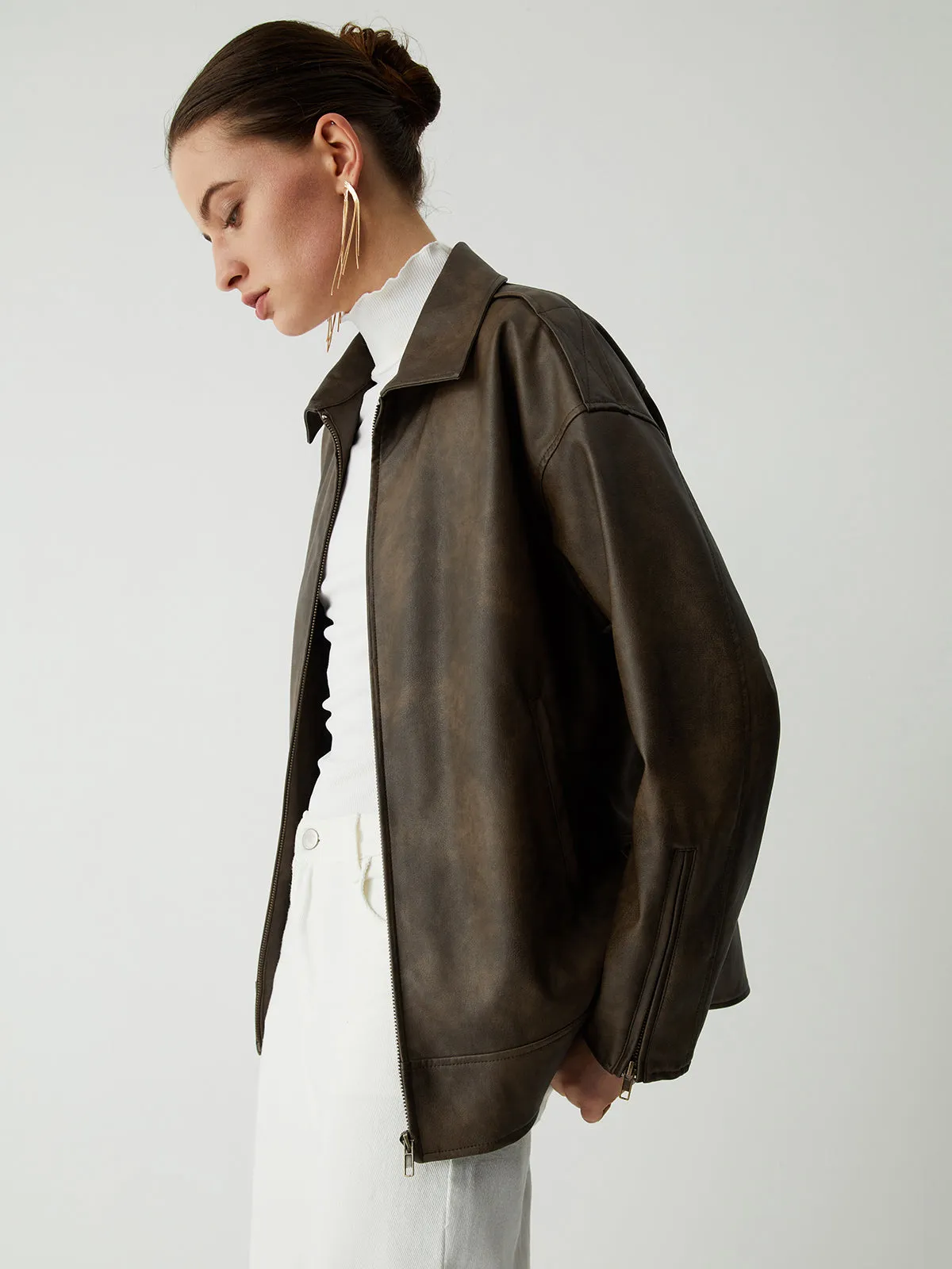 Distressed Leather Double Pockets Jacket sold by COMMENSE product image thumbnail 5