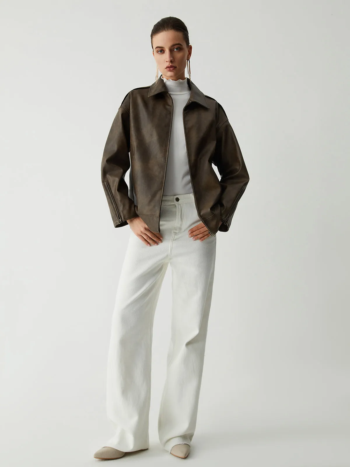 Distressed Leather Double Pockets Jacket sold by COMMENSE product image thumbnail 2