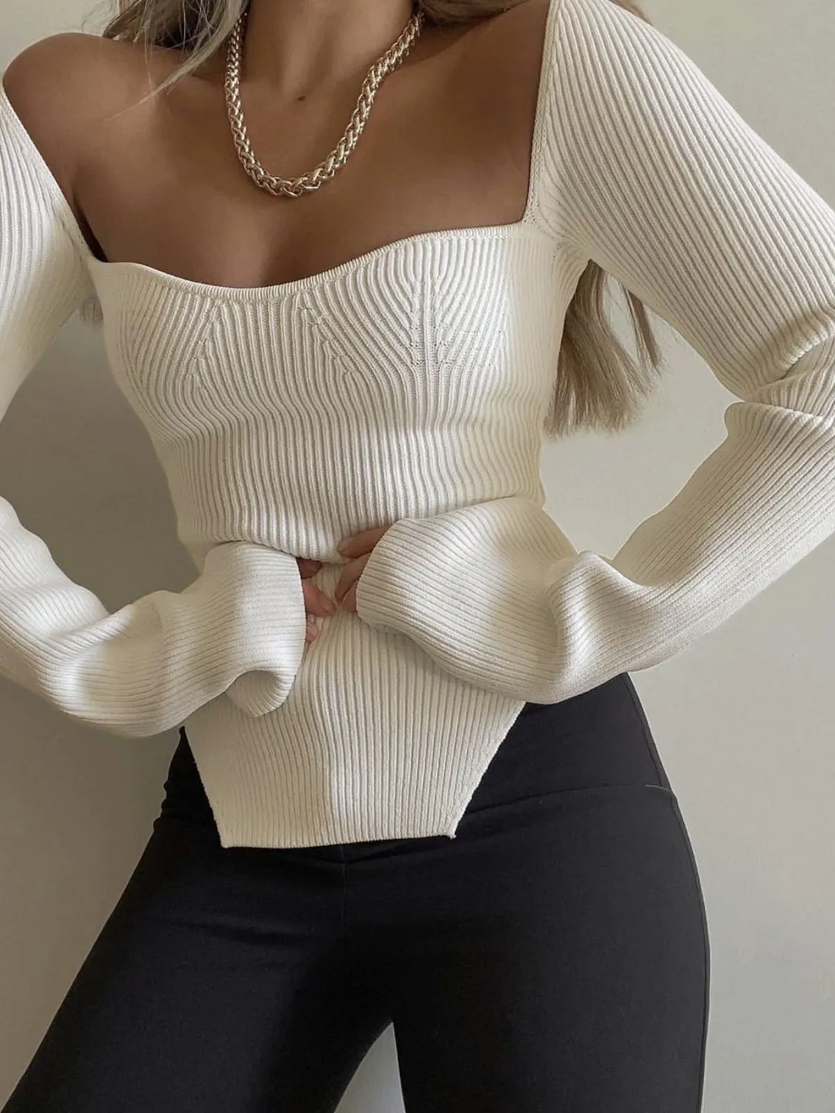Sweetheart Long Sleeve Knit Top sold by COMMENSE