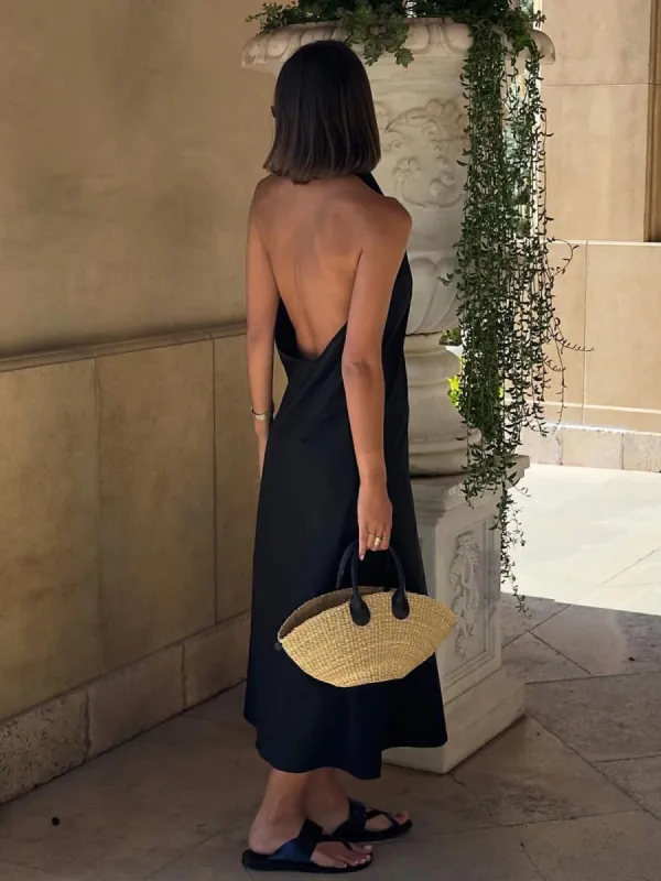 Halter Backless Satin Long Dress made by COMMENSE