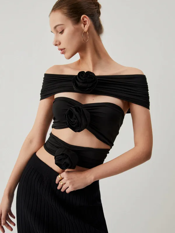 Rose Decor Ruched Cut Out Off Shoulder Top sold by COMMENSE
