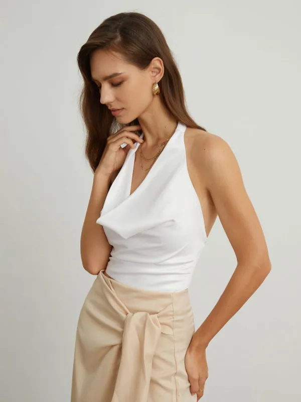 Cowl Neck Back Tied Satin Crop Top sold by COMMENSE