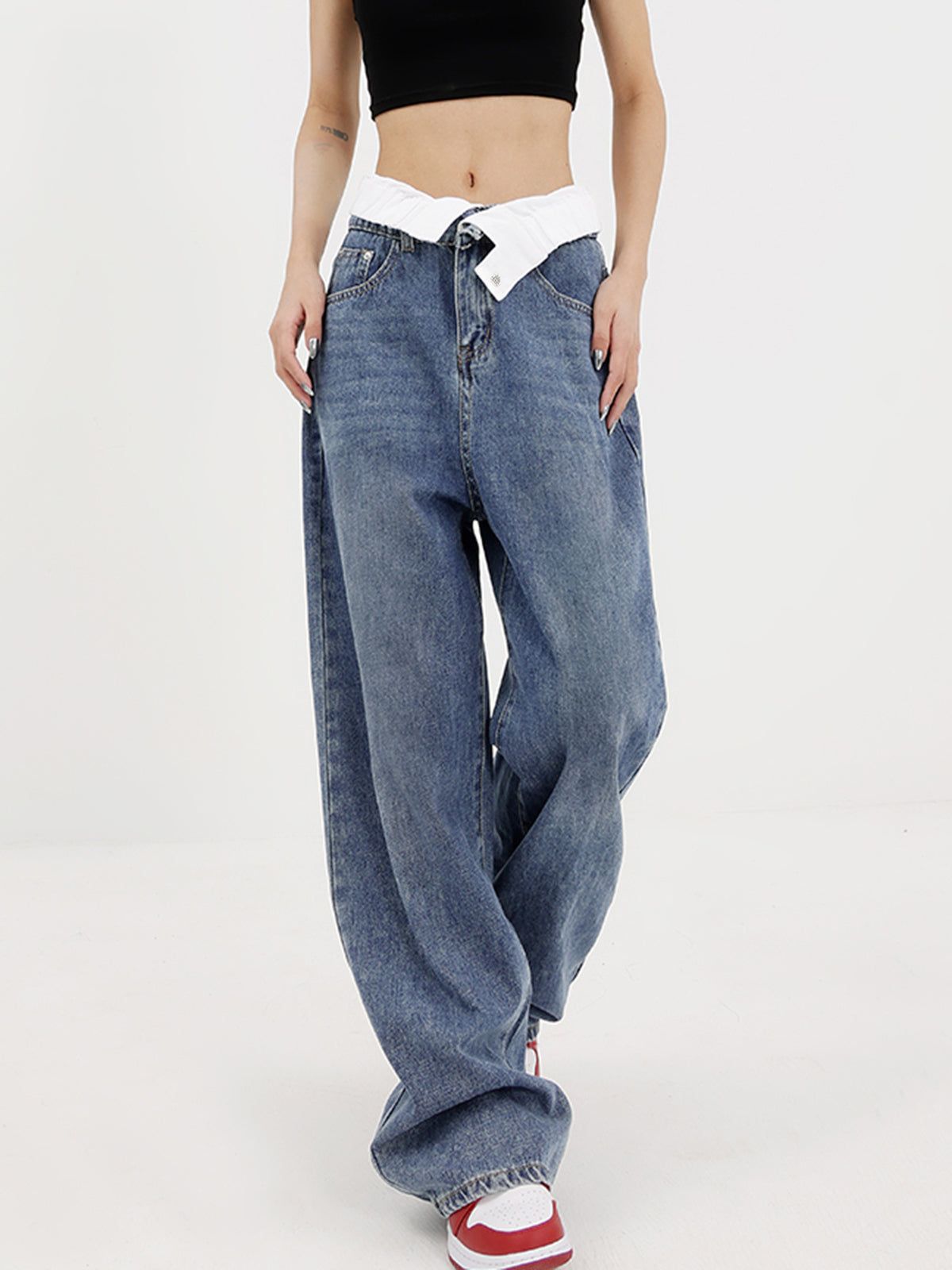 Reverse Waistband Denim Boyfriend Jeans sold by COMMENSE