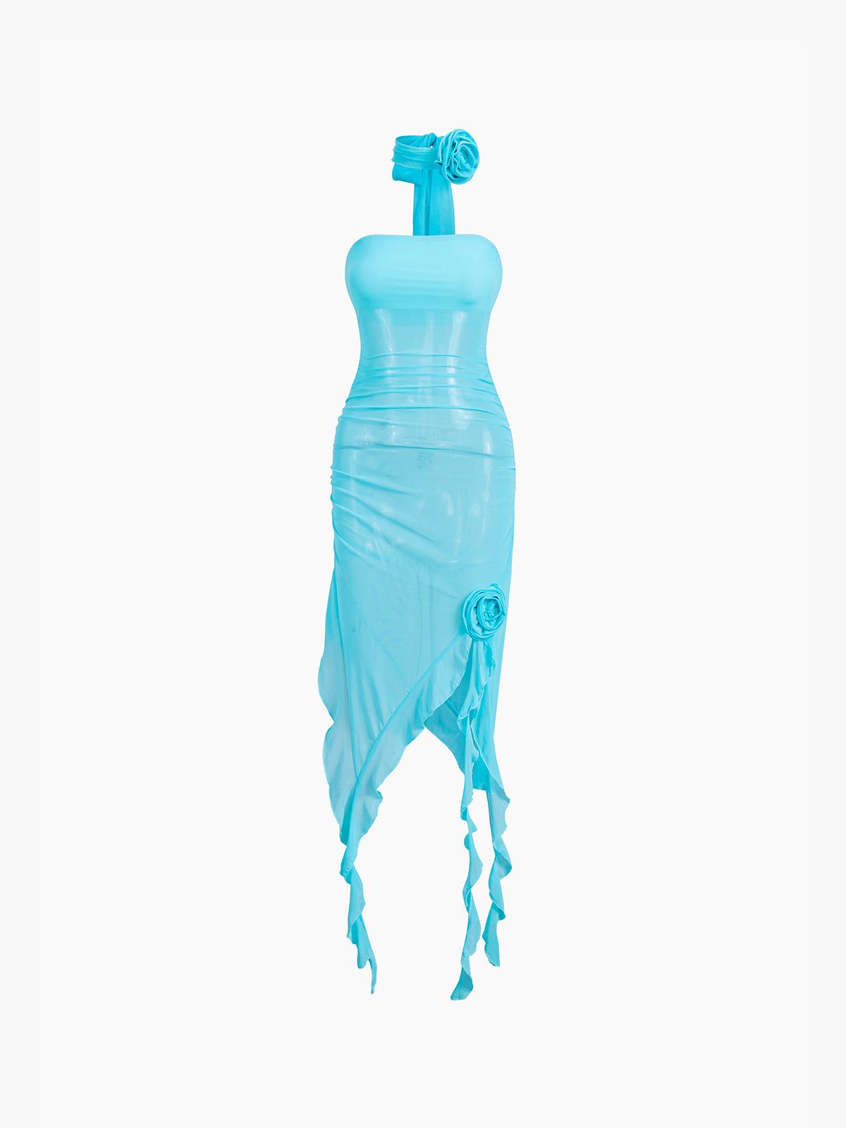 Rosette Mesh Ruffle Tube Midi Dress sold by COMMENSE