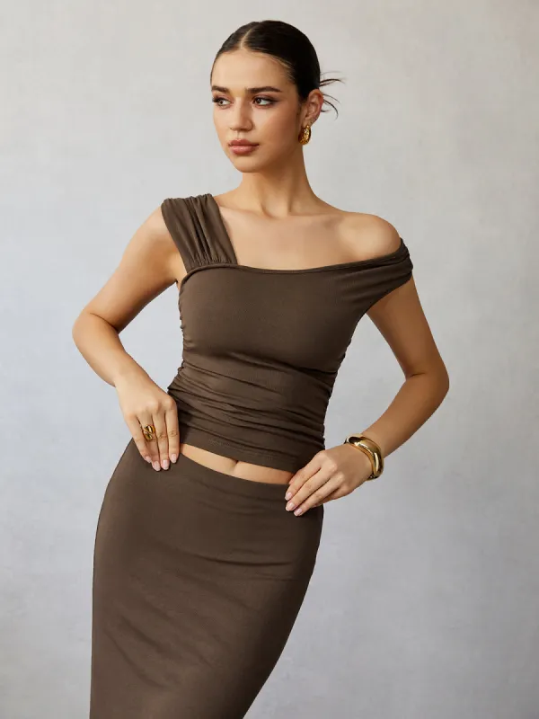 Pleated Asymmetrical Neck T-Shirt sold by COMMENSE