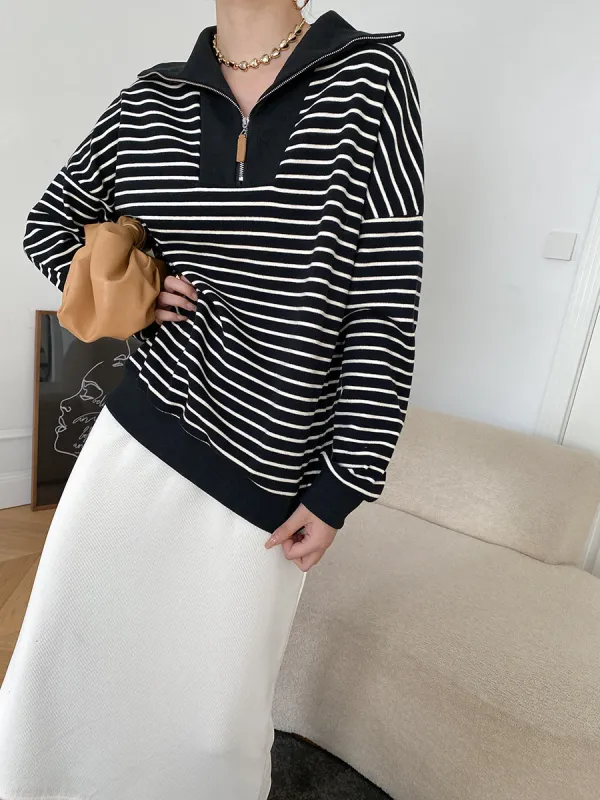 Stripe Quarter Zip Open Collar Sweatshirt sold by COMMENSE