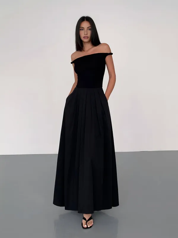 Solid Off-Shoulder Pleated Long Dress sold by COMMENSE