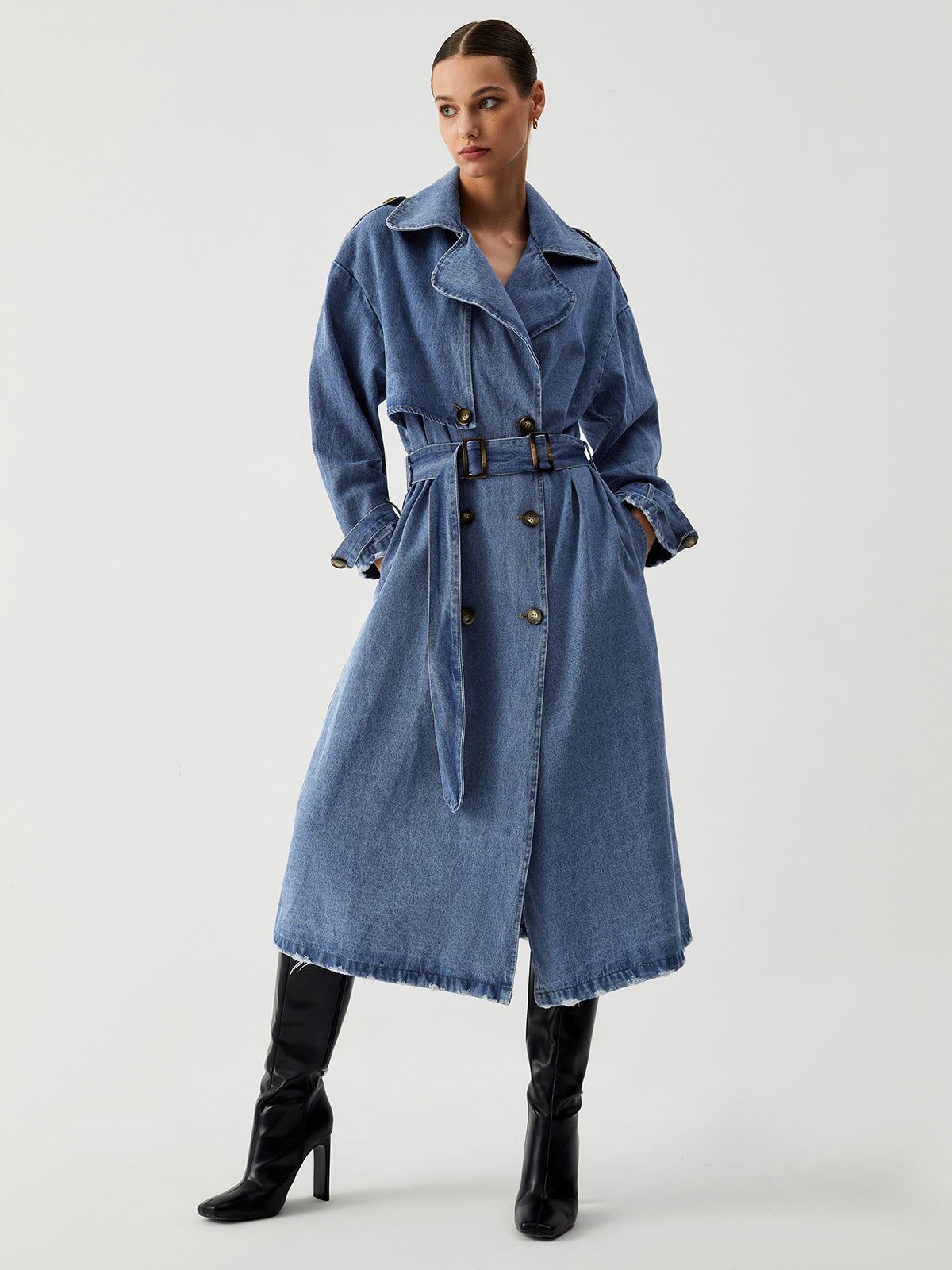 Ripped Hem Denim Trench Coat sold by COMMENSE