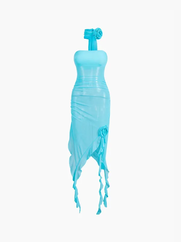 Rosette Mesh Ruffle Tube Midi Dress sold by COMMENSE