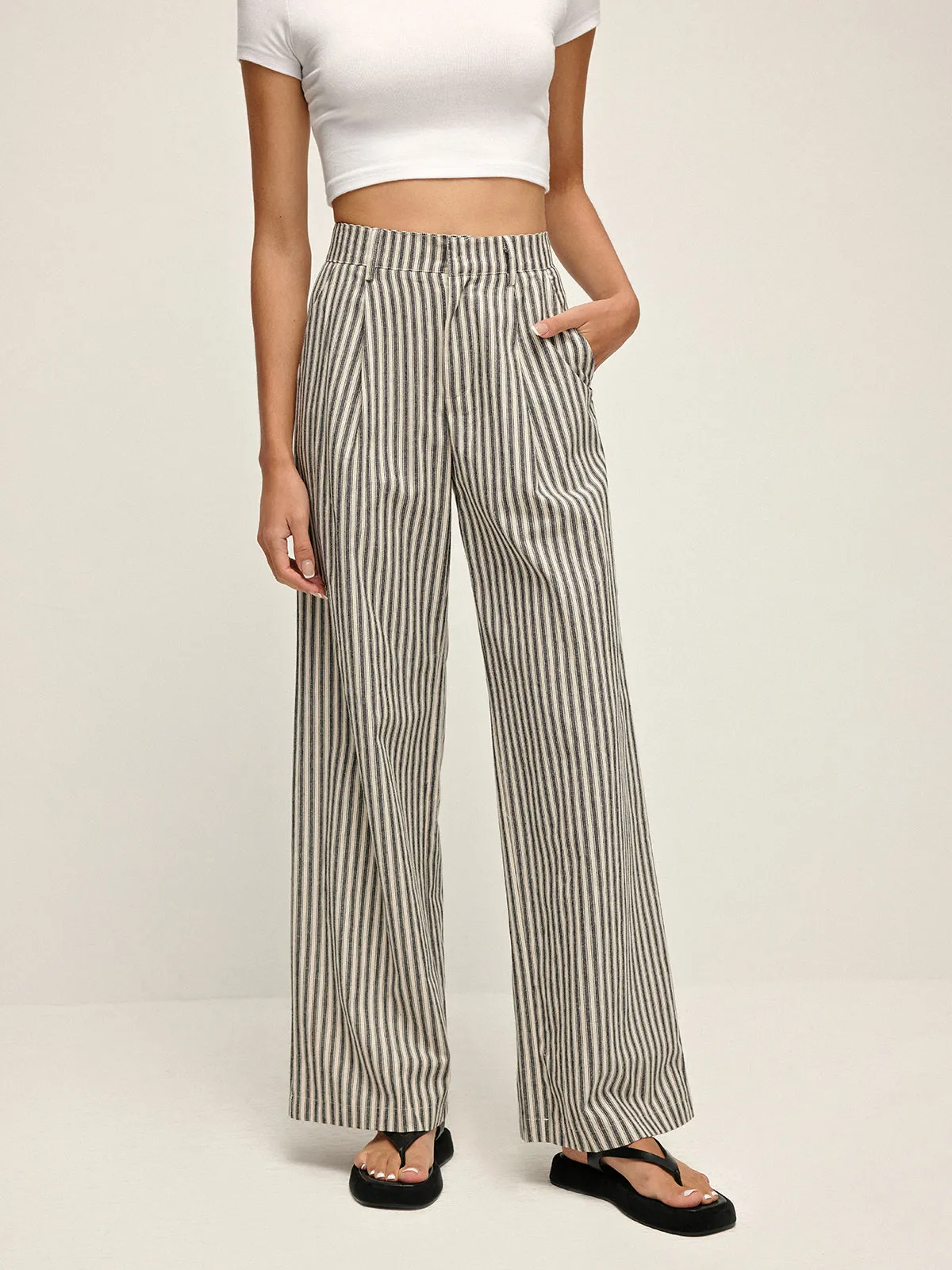 Pinstripe High-Waist Long Pants sold by COMMENSE product image thumbnail 2