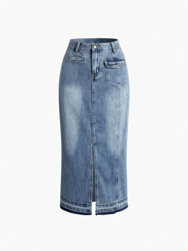 Faded Denim Buttoned Slit Skirt sold by COMMENSE