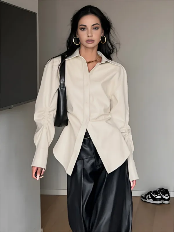 Lapel Pleated PU Leather Jacket sold by COMMENSE