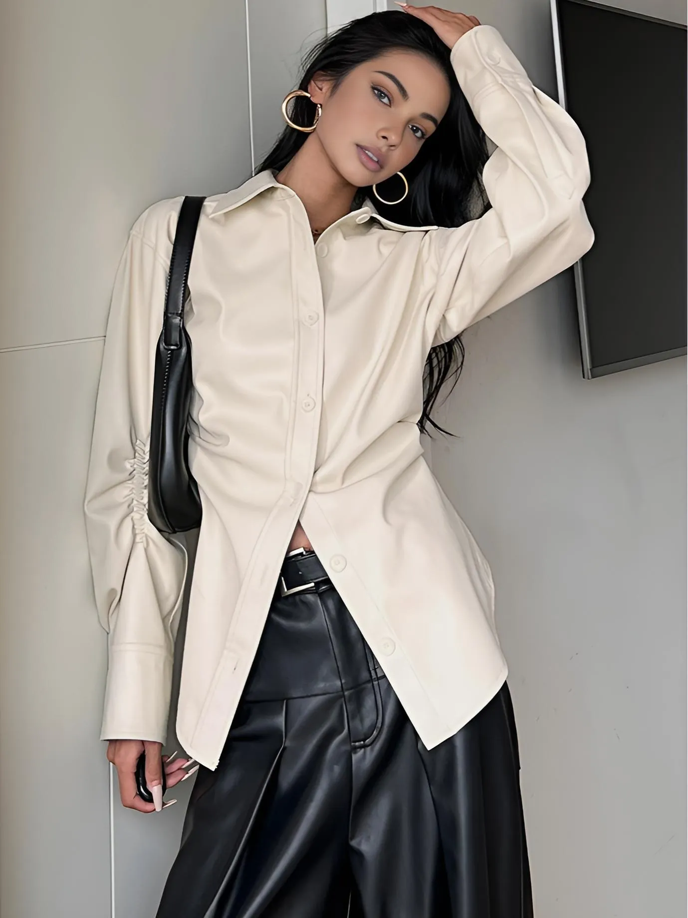 Lapel Pleated PU Leather Jacket sold by COMMENSE product image thumbnail 3